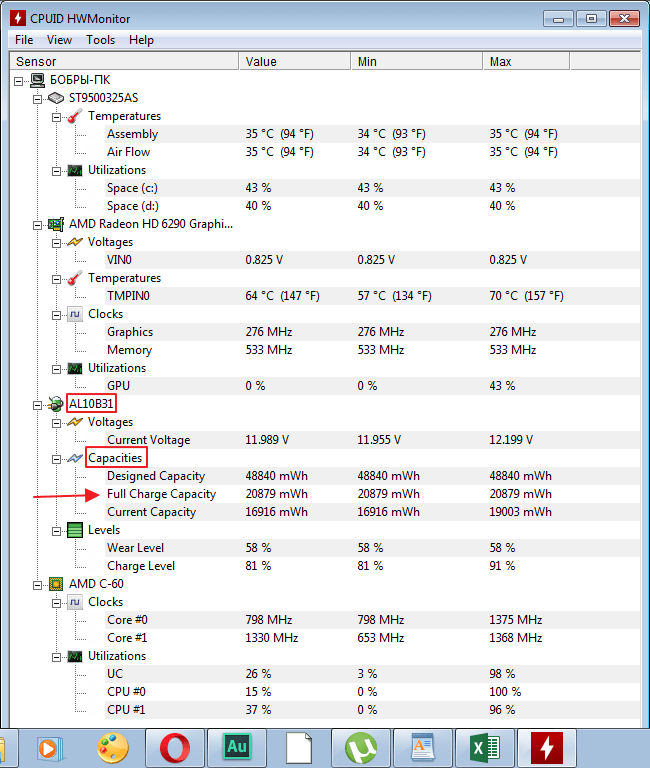 Battery voltage in the HWMonitor program