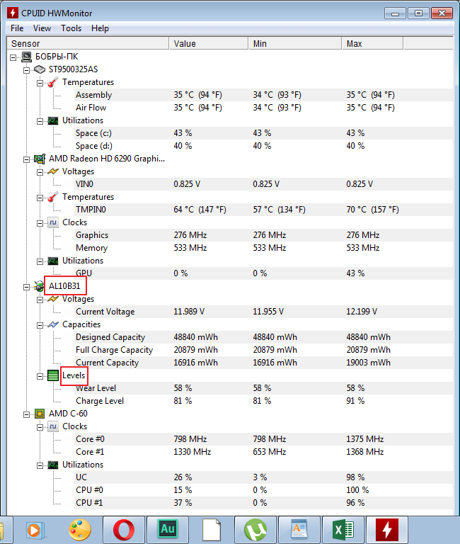 Battery power in HWMonitor program