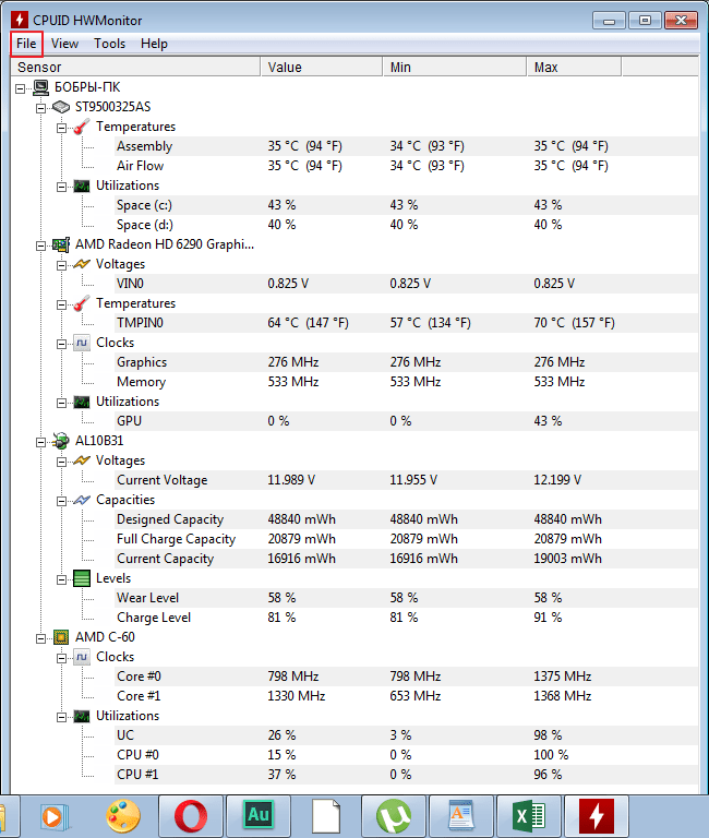 CPU load in the HWMonitor program