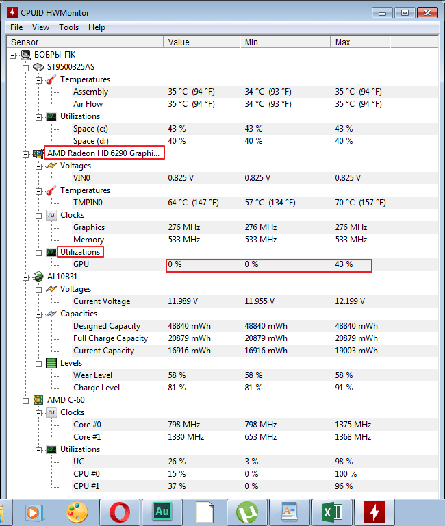 Frequency of video card in HWMonitor program